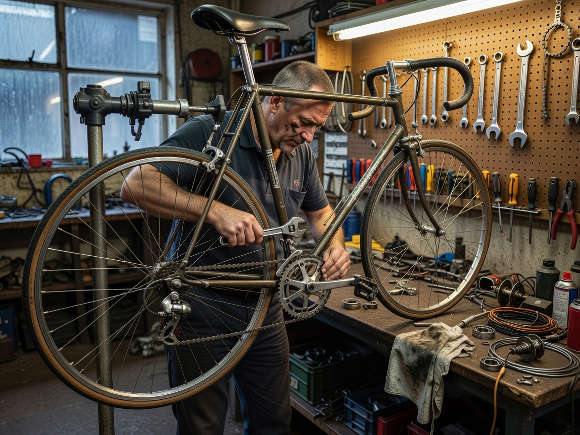Bicycle mechanic working on a bike in a workshop
