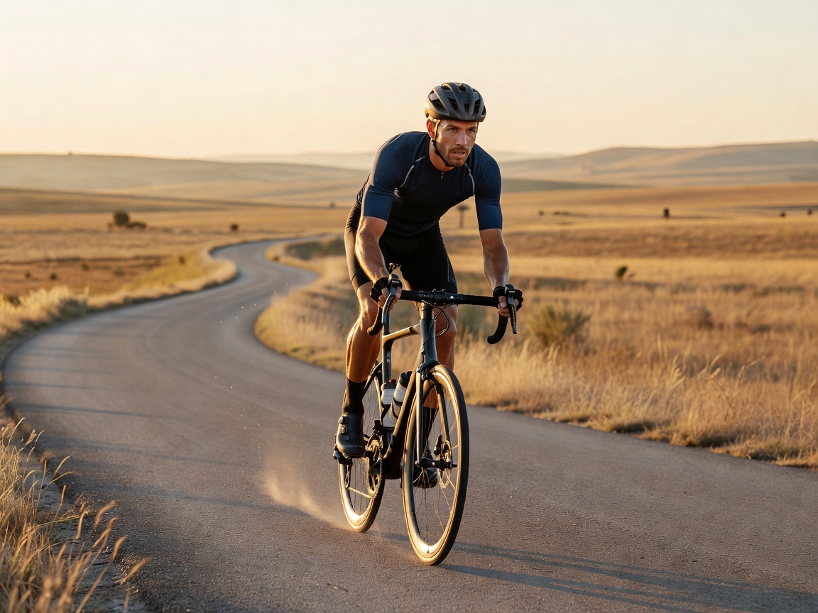 Cyclist riding on an outdoor road with mountains in background