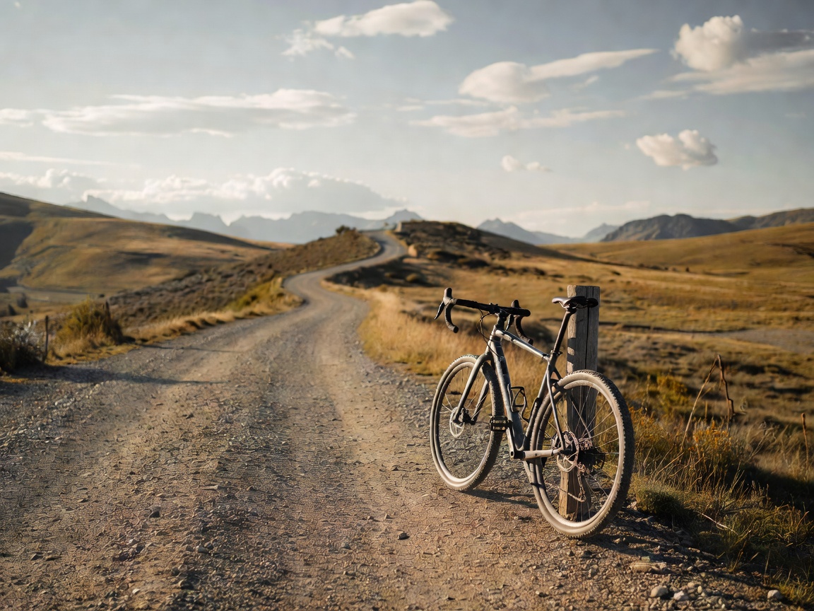 Gravel bicycle parked on an unpaved scenic road