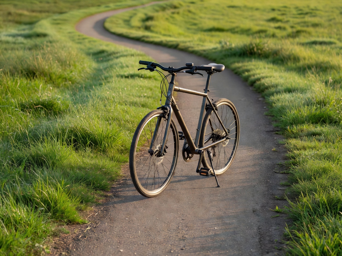 Hybrid bicycle parked on a path near grass