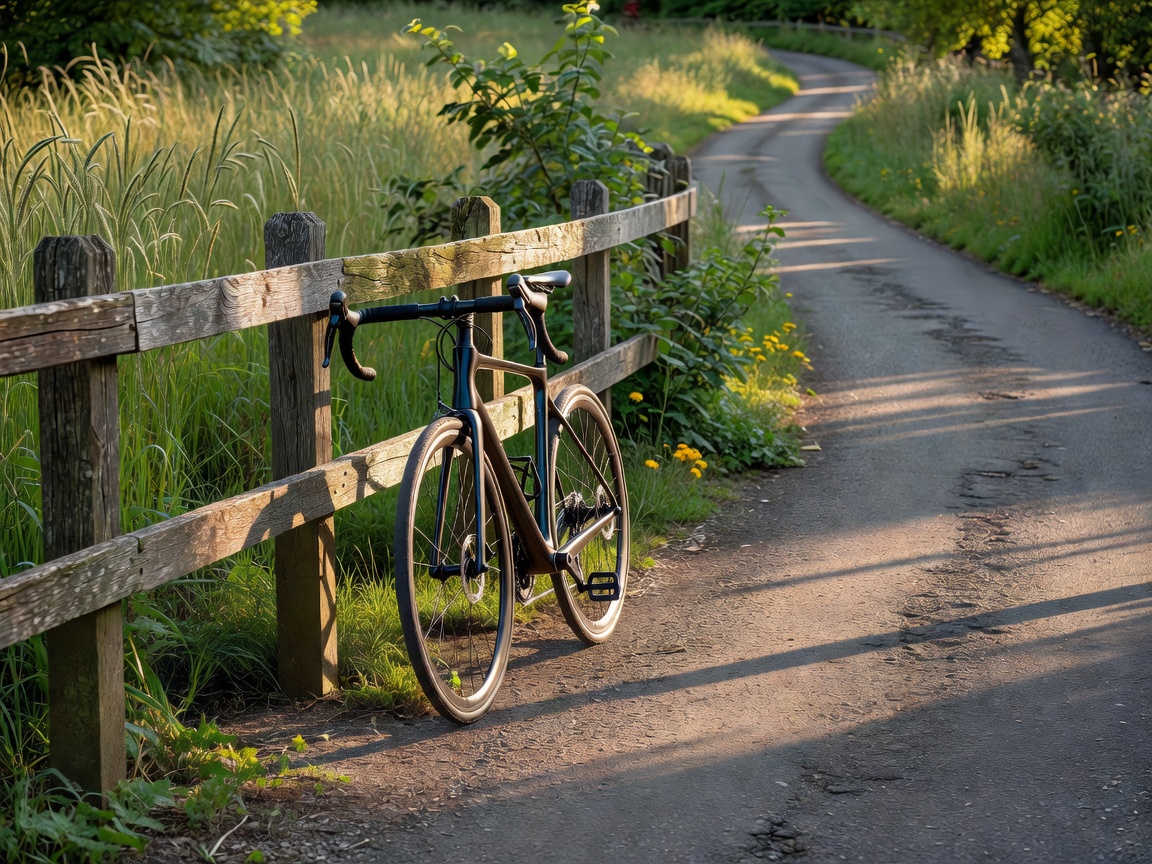 Road bicycle resting against a fence on a paved path
