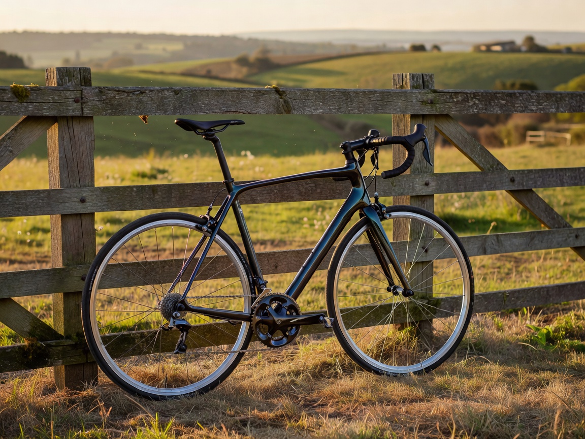 Road bicycle resting against a fence